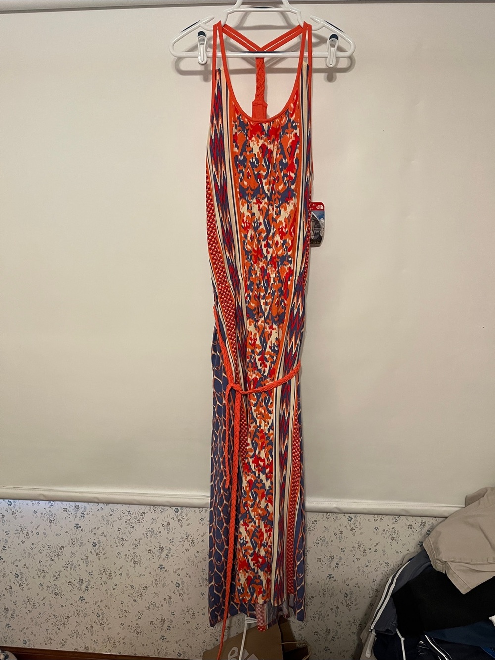 The North Face Orange and Blue Printed Racerback Maxi Dress with Tie Waist